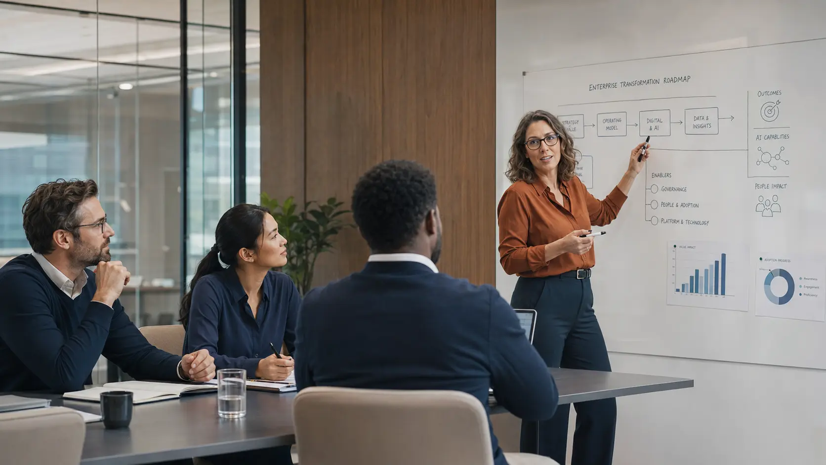 Strong Tower consultants and client leaders collaborating during an enterprise transformation workshop.
