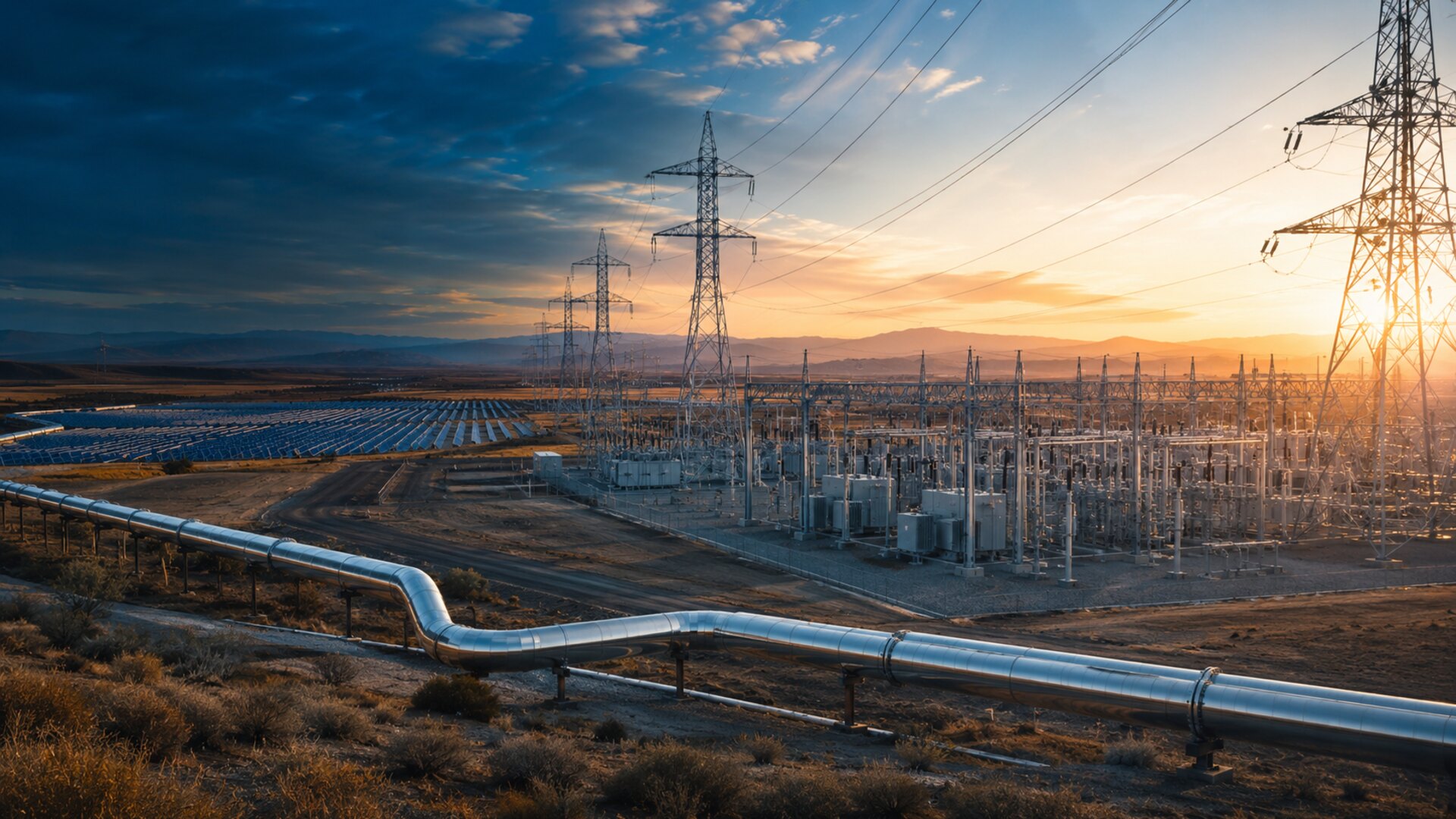 California energy infrastructure with transmission lines, a substation, solar generation, and gas transmission systems