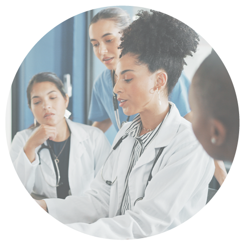 Doctors, nurse and women on clipboard in meeting, collaboration or teamwork for hospital planning.